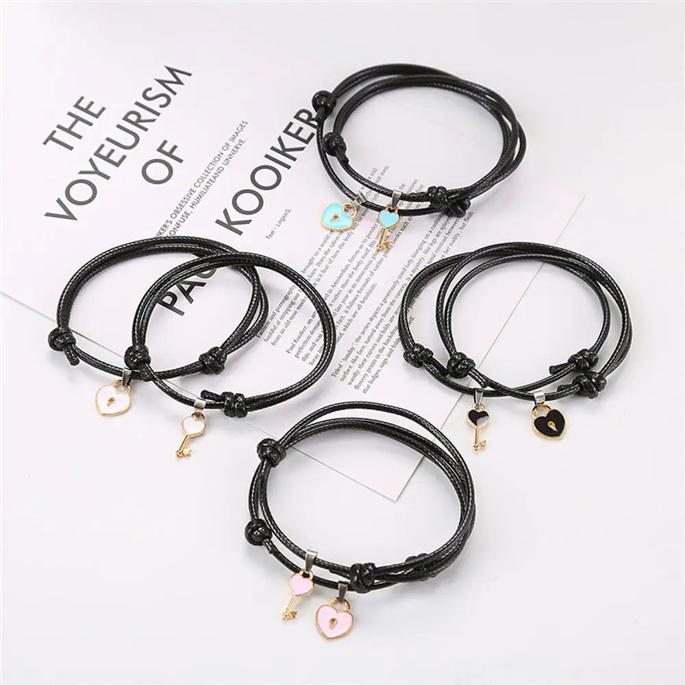 Trendy 2PCs/lot For Women Couple Adjustable Lock Rope String Key Heart Bangles Jewelry Bracelets Fashion Accessories