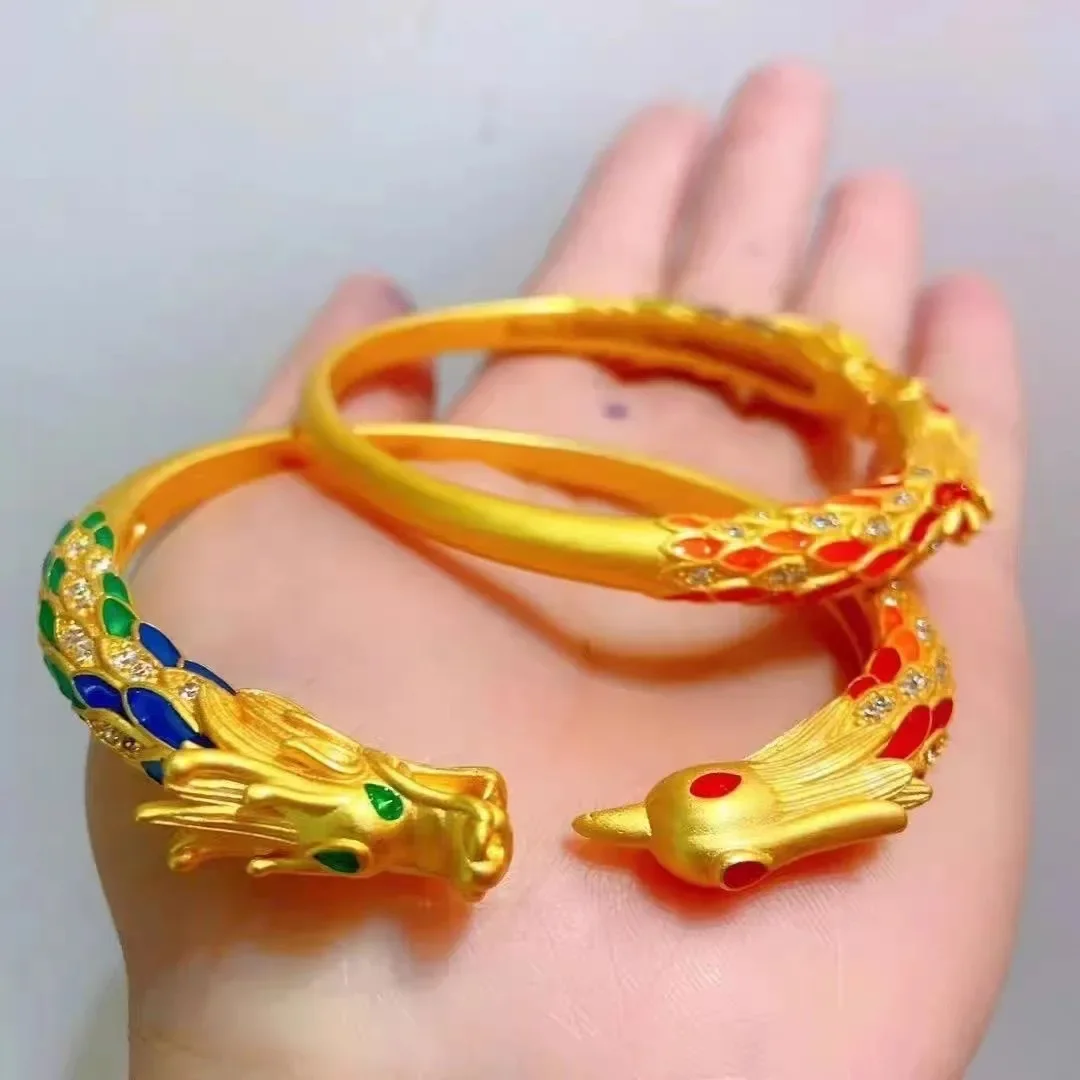 

Gold 24k blue dragon and phoenix palace style 999 bracelet AU750 enamel dragon and phoenix auspicious open bracelet