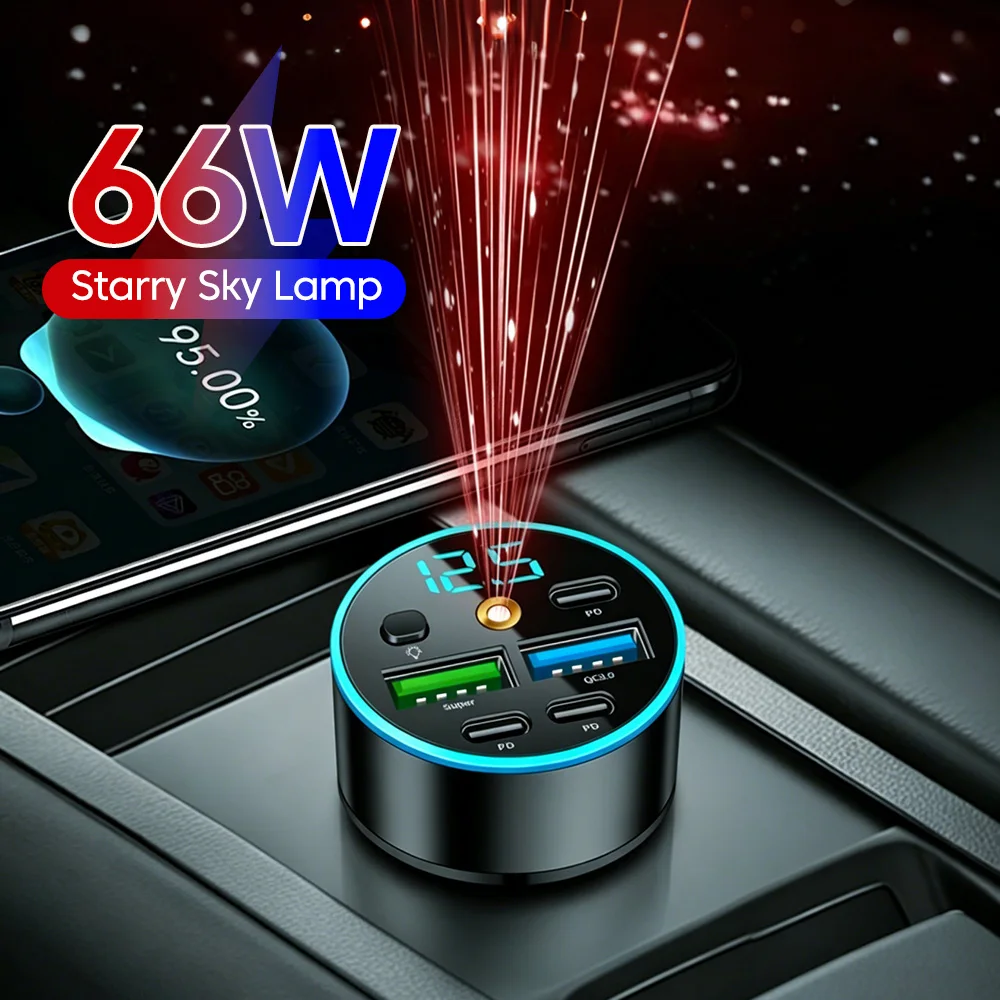 5-Port 66W USB C Car Charger Fast Charging Digital Display 2USB+3PD Car Phone Charger Adapter for iphone Samsung Huawei Xiaomi