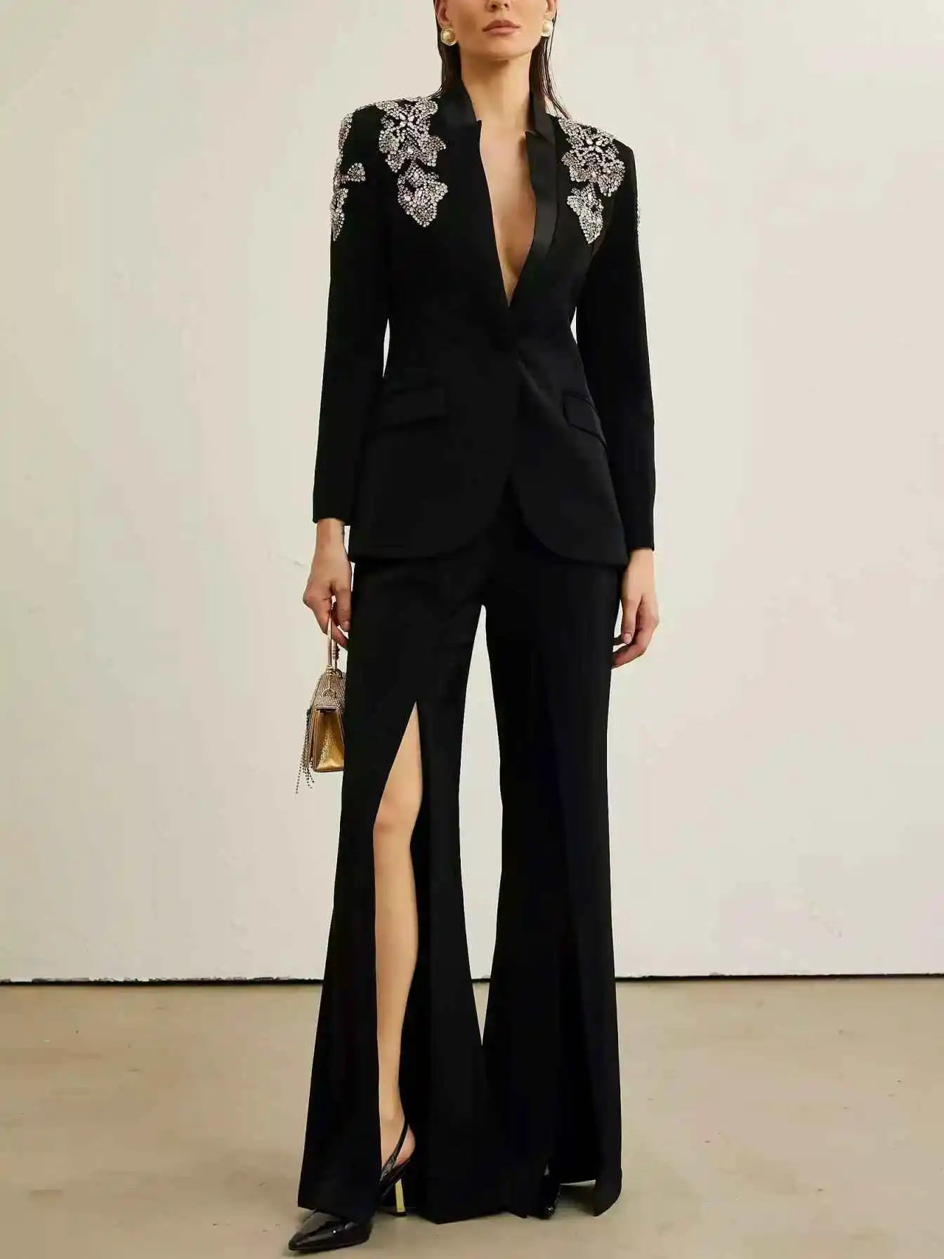 Setelan Celana Jas Wanita Kulit Hitam 2 Potong Blazer+Celana Belah Batu Formal Kantor Wanita Jas Pernikahan Custom Satu Kancing Jas Prom
