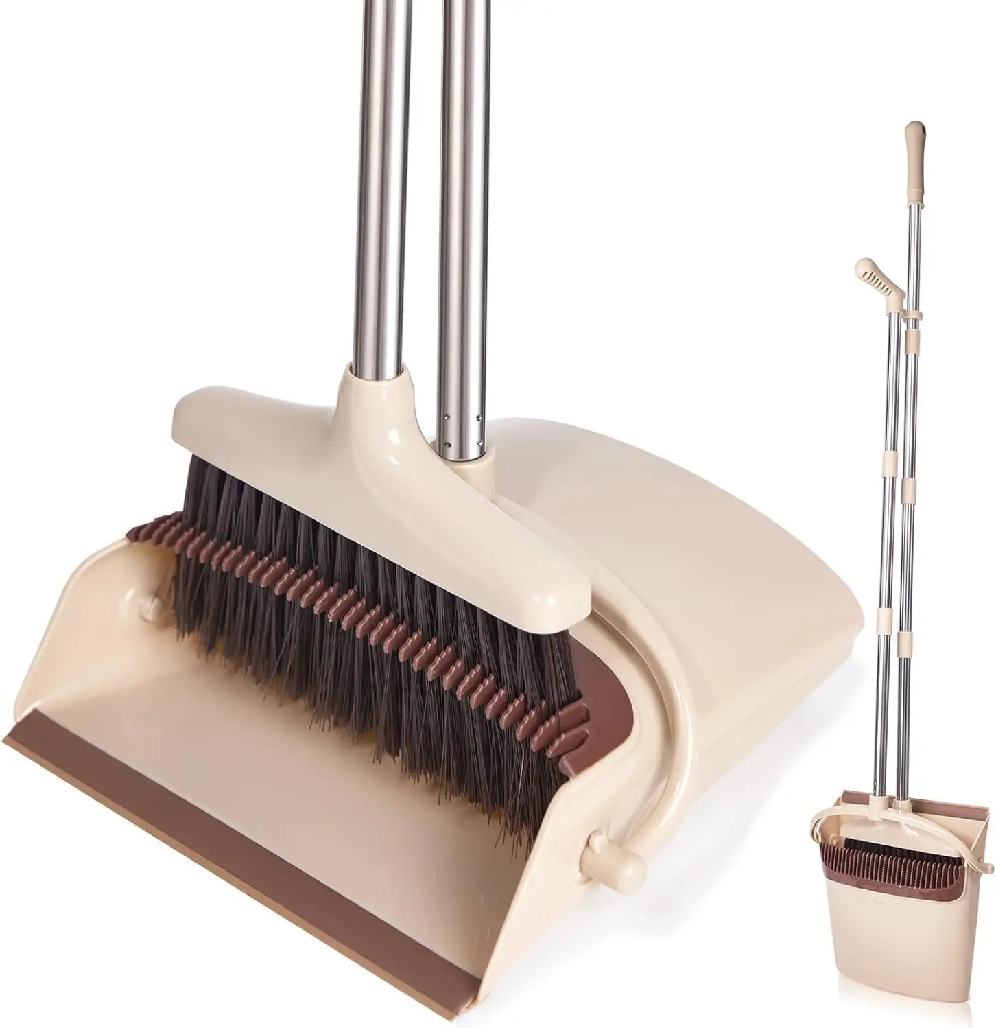 

Broom and Dustpan Set with Long Handle, Light Weight Stainless Steel Poles Stand Upright Dustpan with Broom Combo