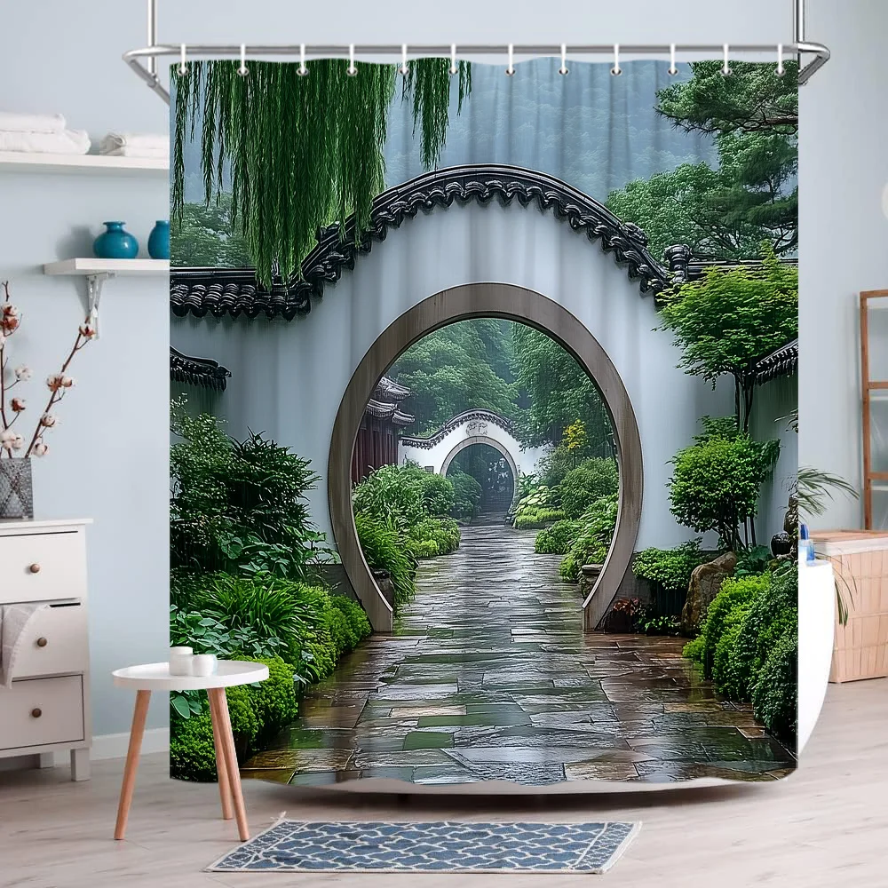 

Водонепроницаемая занавеска для душа с традиционным китайским садовым дизайном с спокойной дорожкой и пышным зенером для декора ванной комнаты