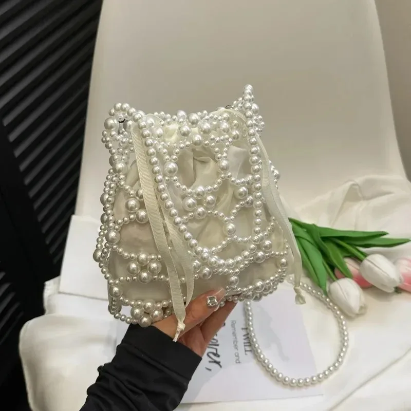 

White Beading Bucket Shoulder and Crossbody Bags Exquisite Sense of Luxury Fresh Party Handbags for Women 2025 Fashion on Sale