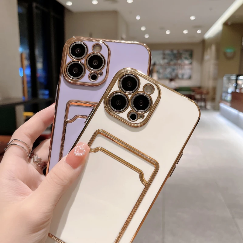 Luxury Solid Color Plated Wallet Card Slot Soft TPU Phone Case For iPhone 16 Pro Max 14 11 12 13 15 Pro Max Bumper Back Cover