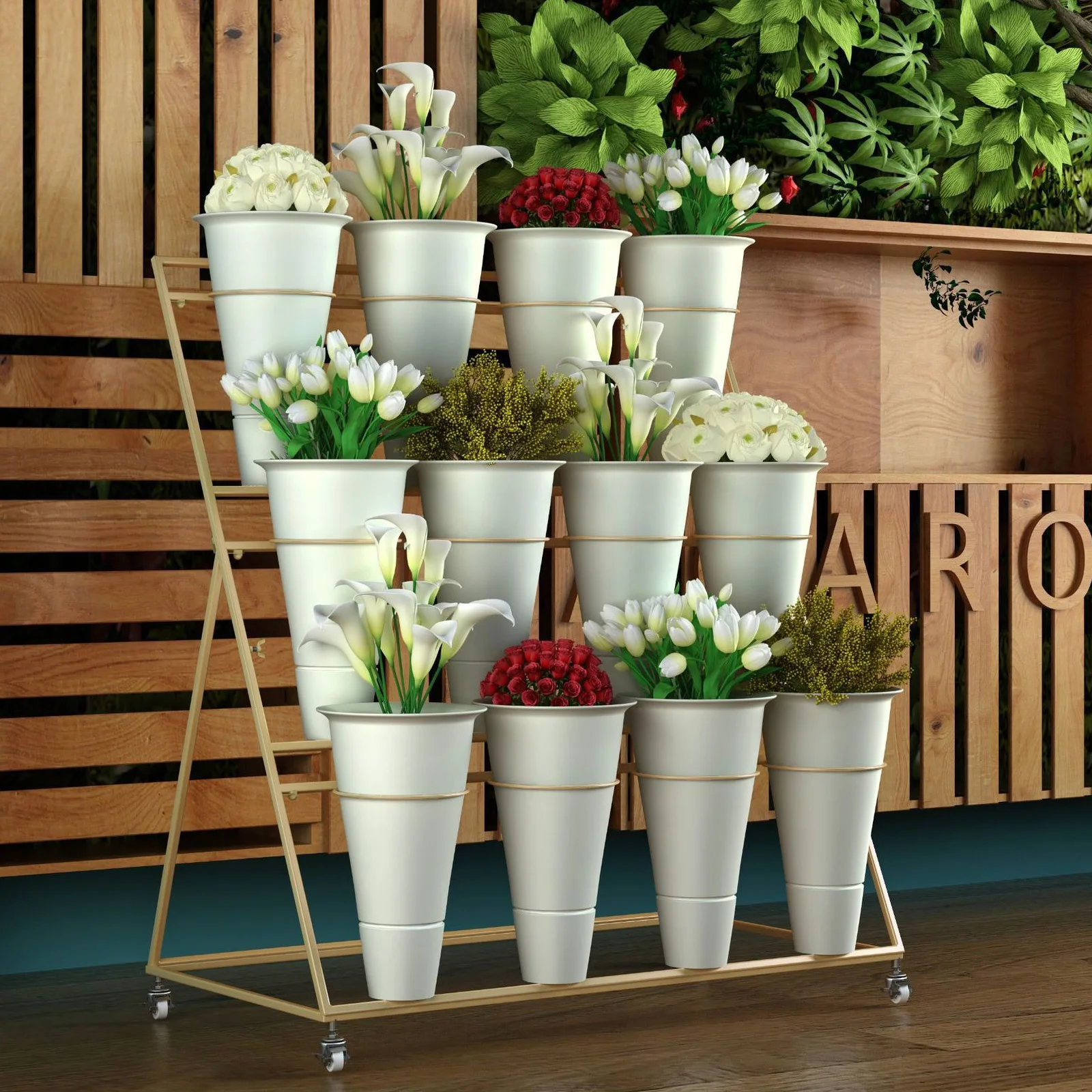 

Flower Display Stand 3 Tier Metal Moving Plant Cart Shelf Plant Stand Moving Florist Bouquet Shelf for Outdoor Balcony Courtyard