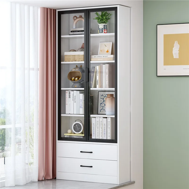 Solid wood bay window bookshelf floor shelf children's household bookcase balcony cabinet drawer glass door storage storage