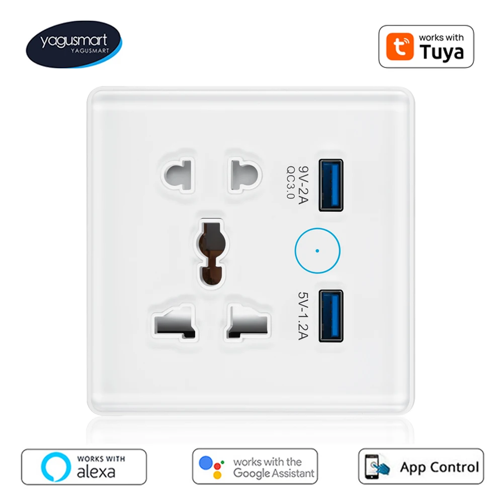 Yagusmart WiFi Smart Universal Wall Socket with USB Charger Port 13A Outlet Smart Plug Work with Tuya APP Alexa Google Home