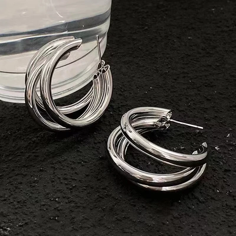 Minimalist Triple Tube Hoop Earrings Stainless Steel C Shaped Chunky Circle Earrings Gold Silver Color Women Daily Wear Ear Jewe