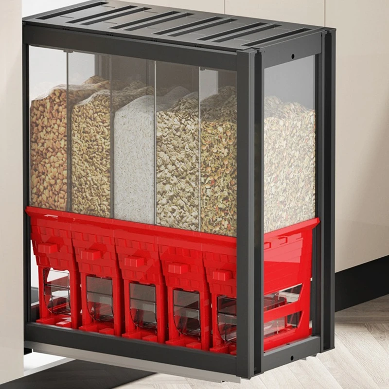 Embedded Digital Rice Measurer, Space-Grade Aluminum Alloy Pull-Out Storage Basket, Rice Container for Kitchen Cabinets