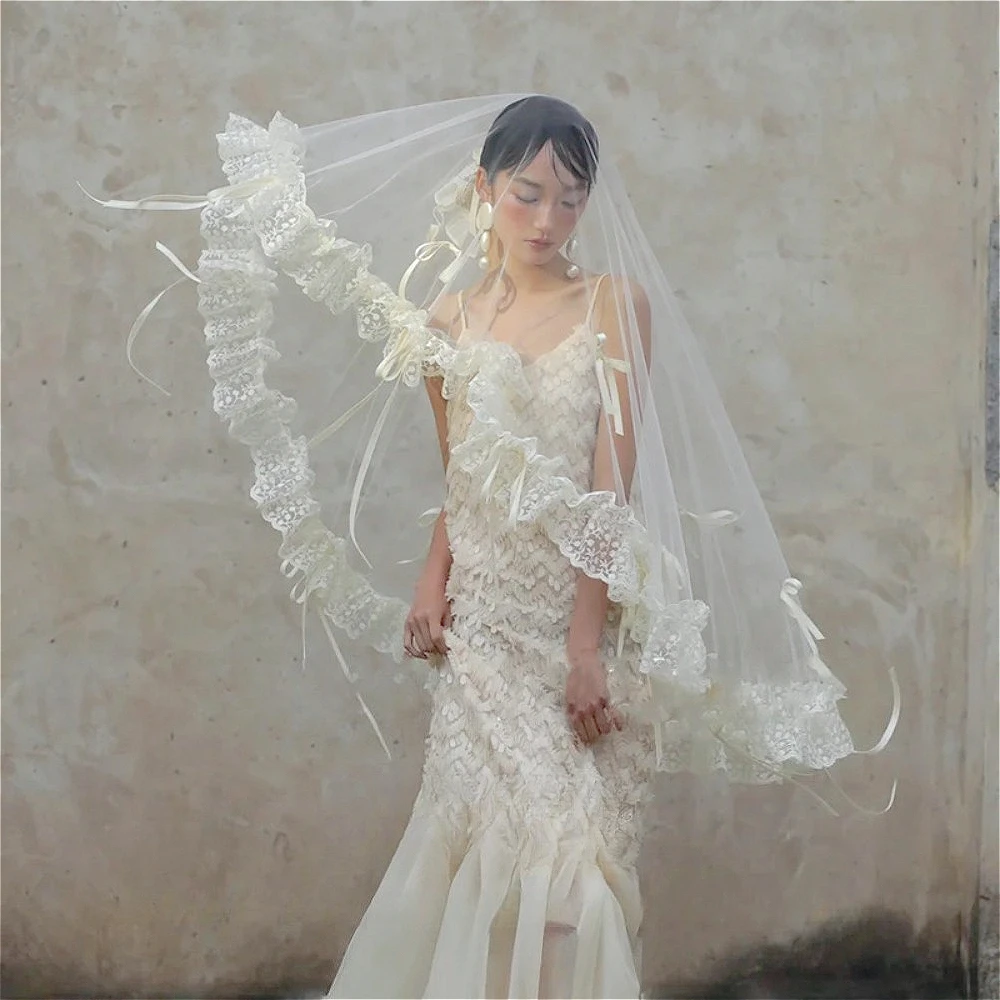 Blusher Veil with Lace Edge Wedding Veils Embroidered Lace with Ribbon Bow Bridal Veil Wedding Accessories Marriage Party