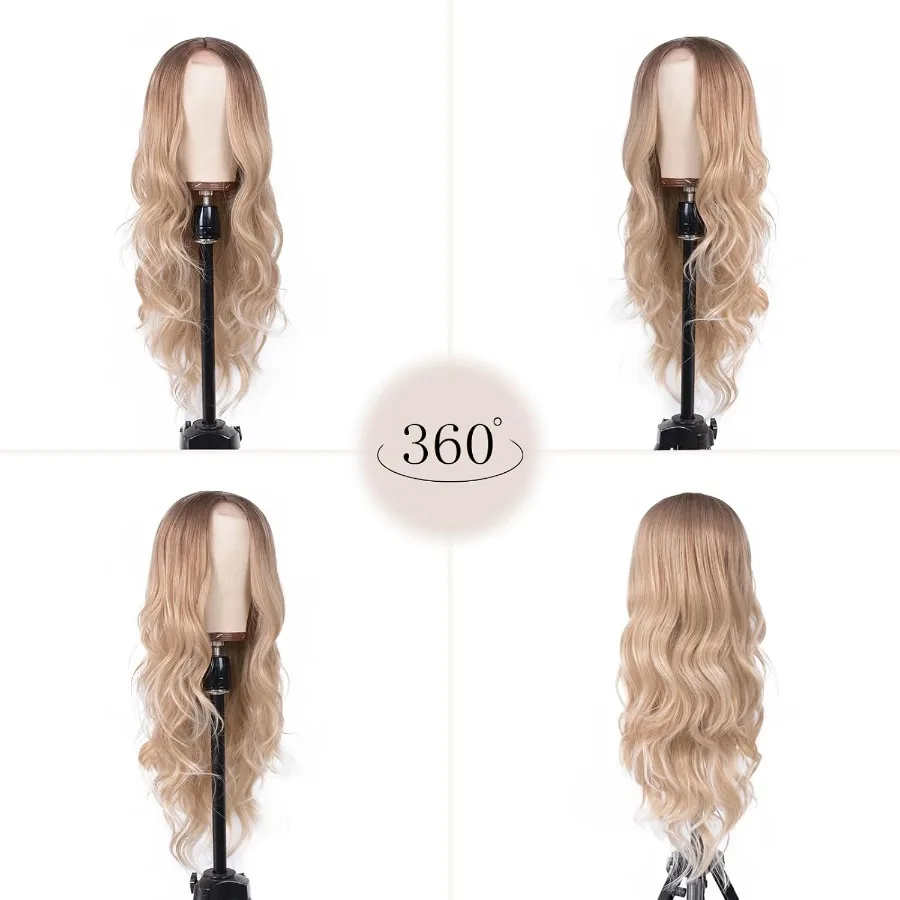Długa Brązowa Peruka Ombre Blond Falowana dla Kobiet 66 cm z Przedziałkiem na Środku Kręcona Falowana Peruka Naturalnie Wyglądająca Syntetyczna Odporna na Ciepło