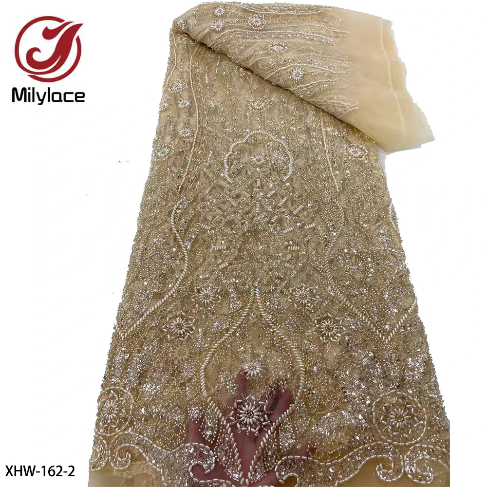 High Quality Africa Lace Fabric Luxury Hand Beaded Lace Fabric Crystal Sequins Lace Fabric for Wedding XHW-162