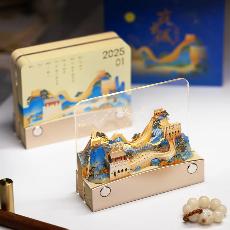 2025 Grande Calendário de Parede Nota Pegajosa Noite de Pequim Grande Muralha Ornamento 3D com Luz Noturna Escultura em Papel Calendário Rasgado