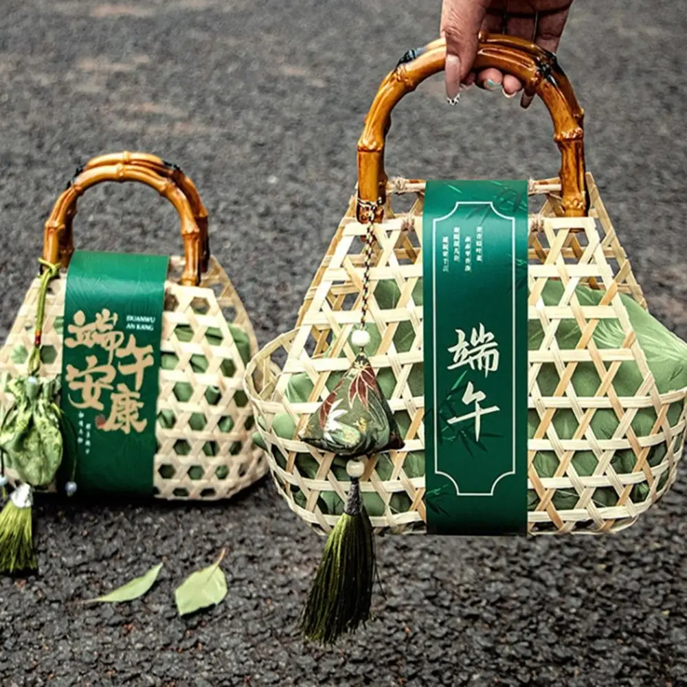 Portable Handmade Bamboo Basket Handheld Chinese Style Gift Packaging Box Empty Zongzi Gift Box for Home