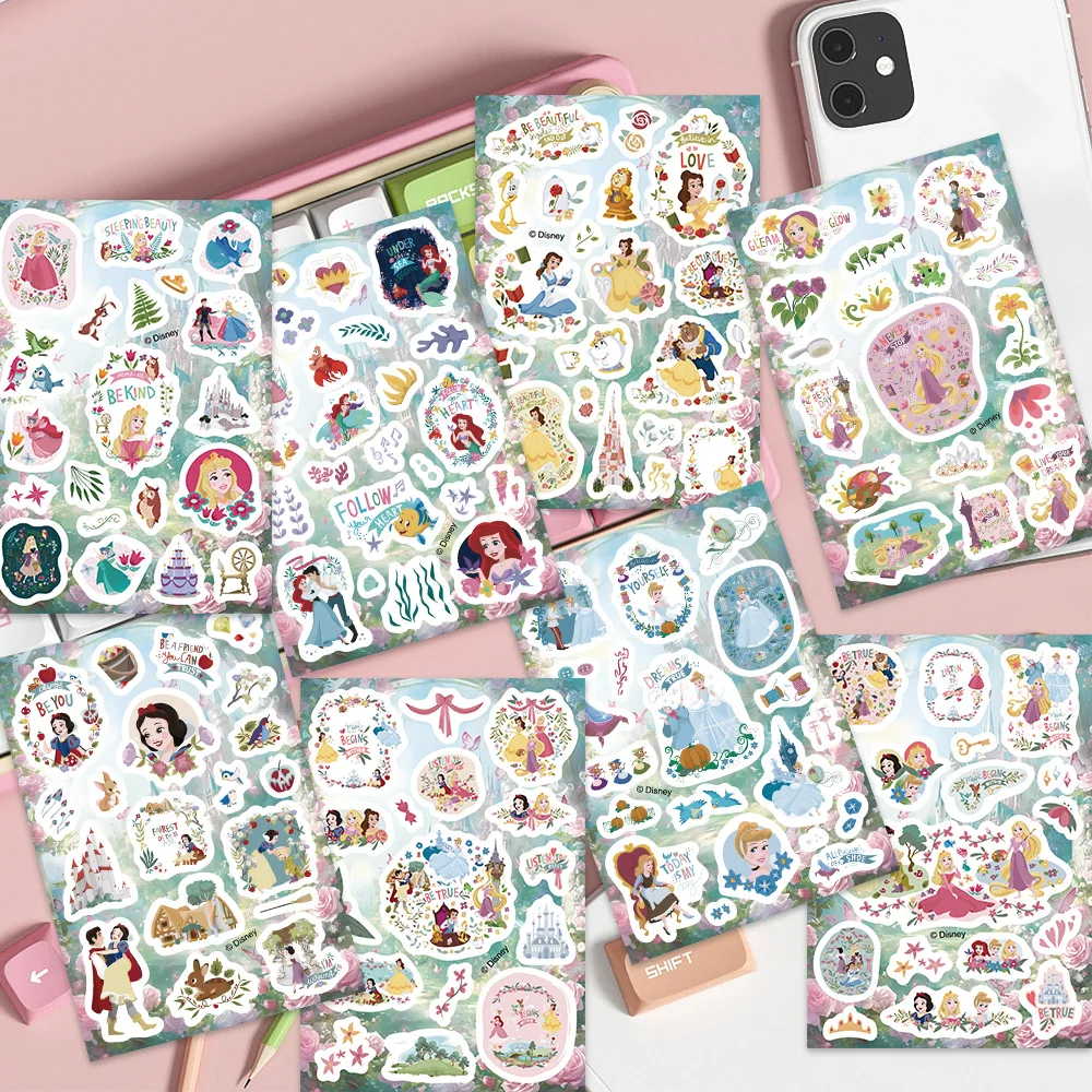8 hojas de pegatinas estéticas de princesas de Disney, pegatinas impermeables de dibujos animados para álbum de recortes, cuaderno, decoración para nevera, regalo para padres