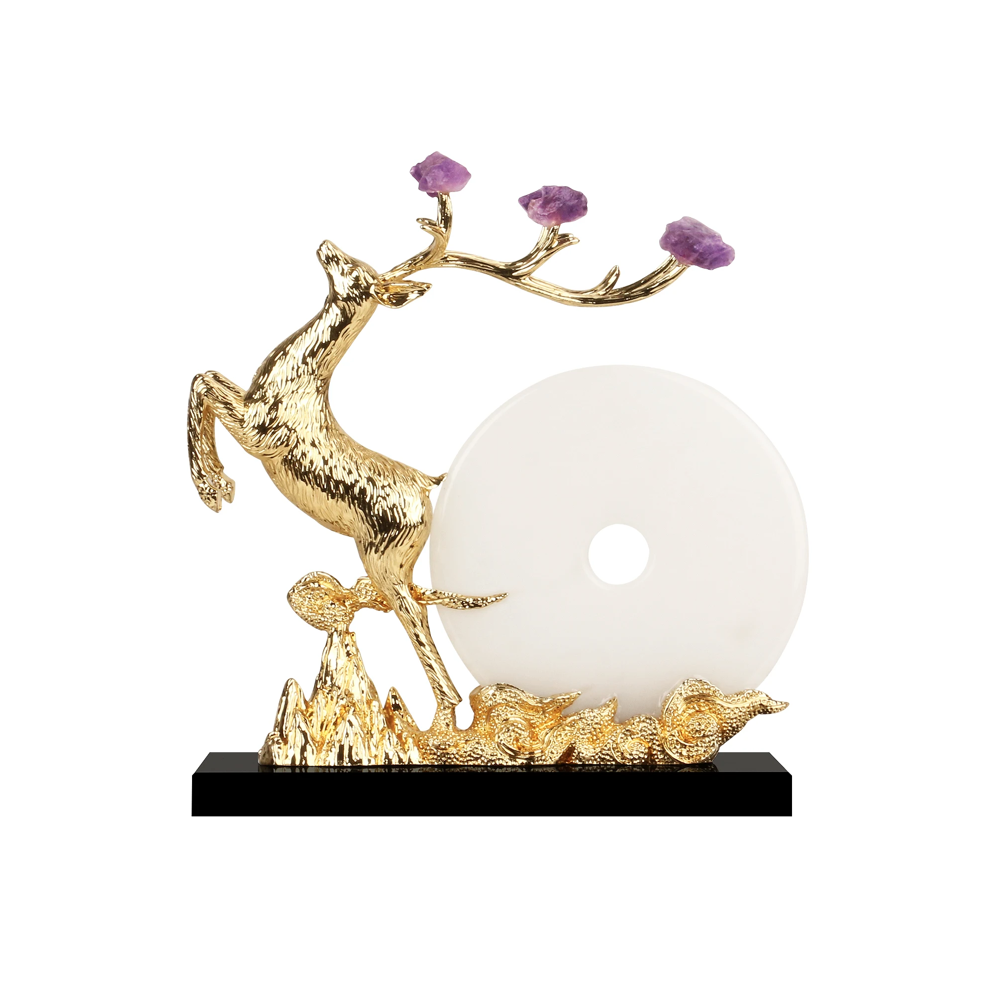 Natural amethyst deer ornament gold alloy lucky deer statue white jade and peace buckle home decoration