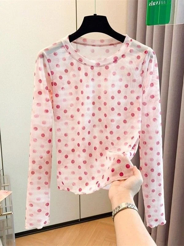 Pink Polka Dot Print Gradient Color Mesh Long Sleeve Sun Protection Cover up T-Shirt Women's Fashion Summer Top Casual Wear
