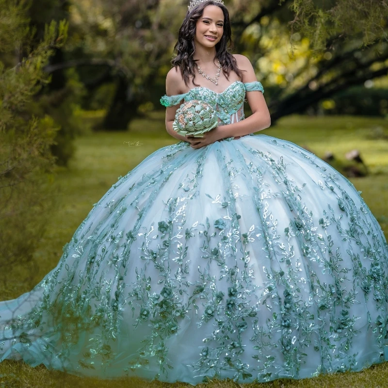 

Customized Mint Green Quinceanera Dresses Ball Gown Off Shoulder Appliques Lace Beads Tull Sweet 16 Dress Mexican Vestidos 15 De