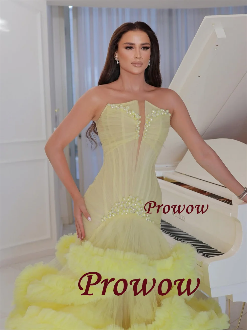 Prowow Gaun Malam Ruffles Kuning Mewah Gaun Prom Acara Khusus Gaun Pesta Pernikahan Khusus