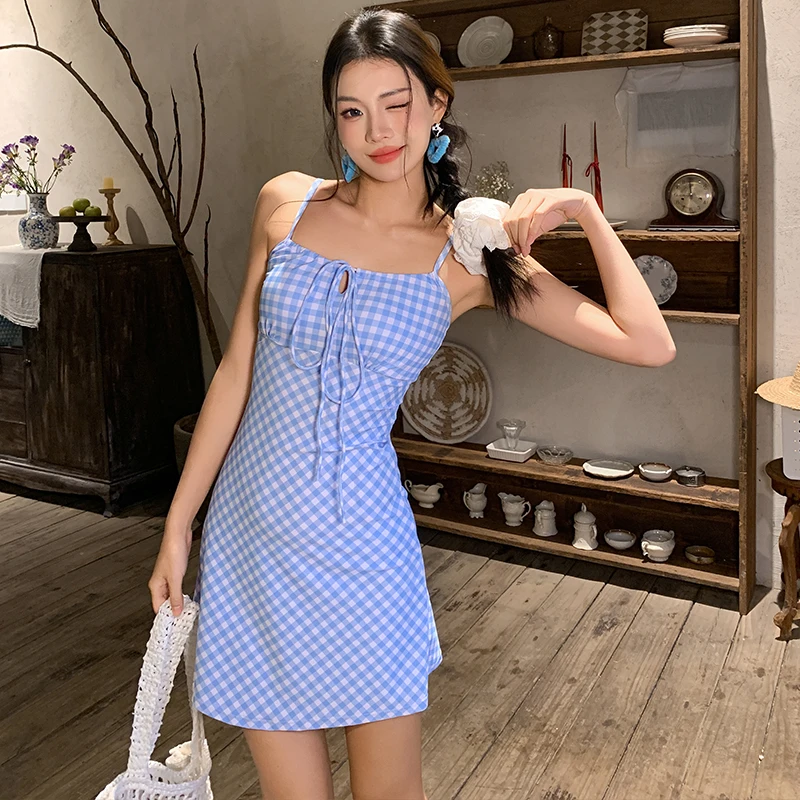 

Новинка лета 2024, синий цельный купальник в клетку, пляжный отдых, Sle Bal, дышащий нейлон, спандекс, полиэстер, женские купальники