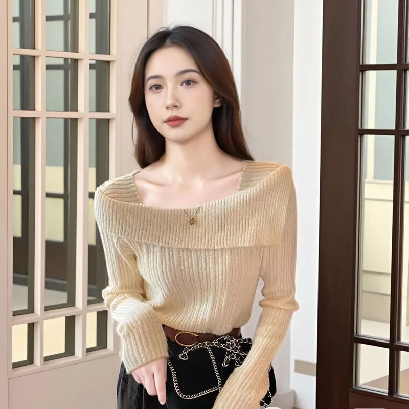 

Autumn and winter high-end off-the-shoulder square-neck sweater tops, simple temperament long-sleeved pullover sweaters