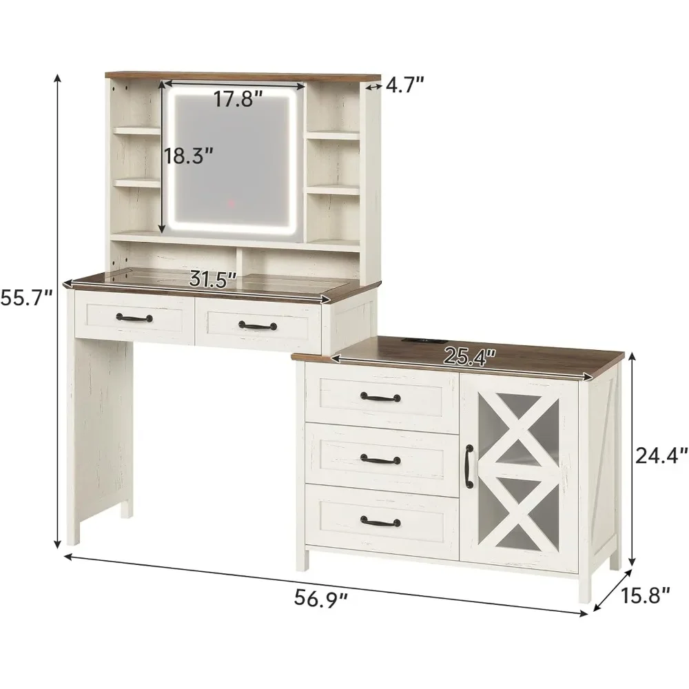 Vanity with Glass Top, Charging Station, Touch Screen Mirror and Lights, 5 Drawers & Shelves & Cabinet, Farmhouse Makeup Vanity