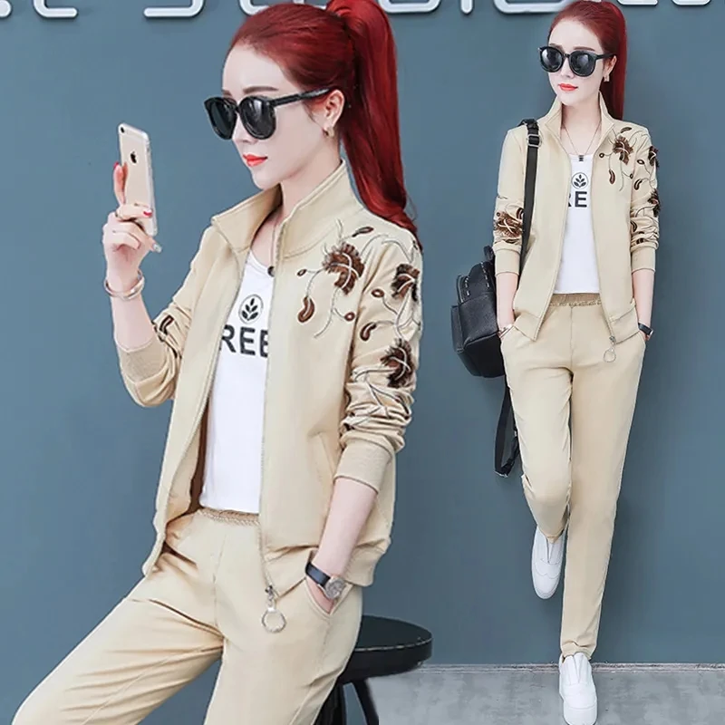 Embroidery Casual Tracksuit 3 Piece Set Women Outfits Fashion Zip Up Jacket + T-Shirt + Pants Sports Suit Ensemble Jogging Femme