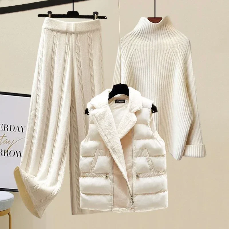 3 Piece Sets Women Korean Turtleneck Knitted Sweater+woolen Parkas Vest+Elatic Wide Leg Knitting Pants Sets Winter Outwear