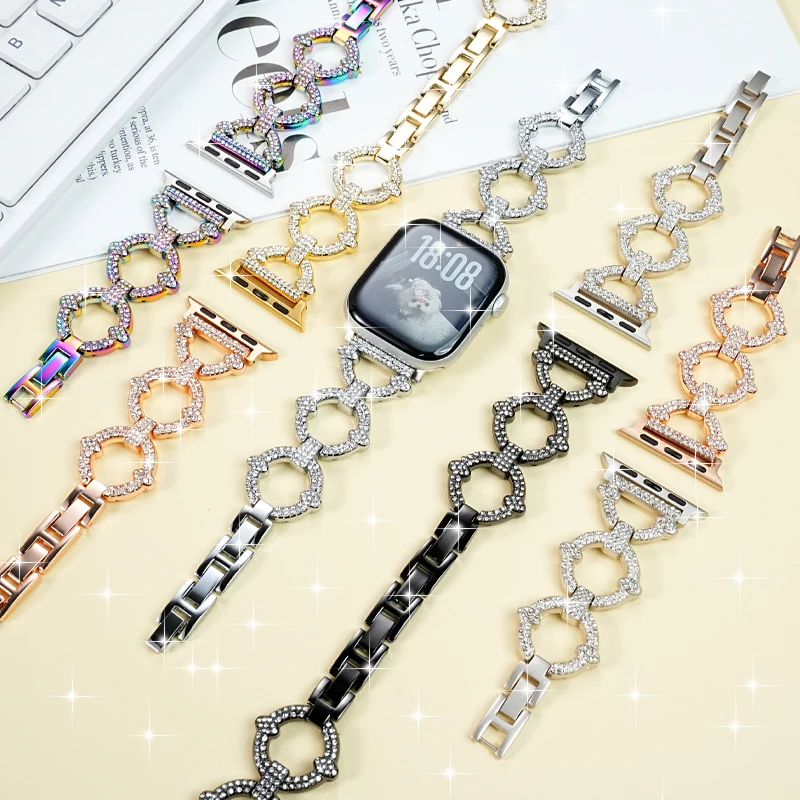Para apple iwatch s10 cristal com diamante metal pulseira de relógio s9/s8/7/8/9/10th geração verão moda feminina pulseira inoxidável