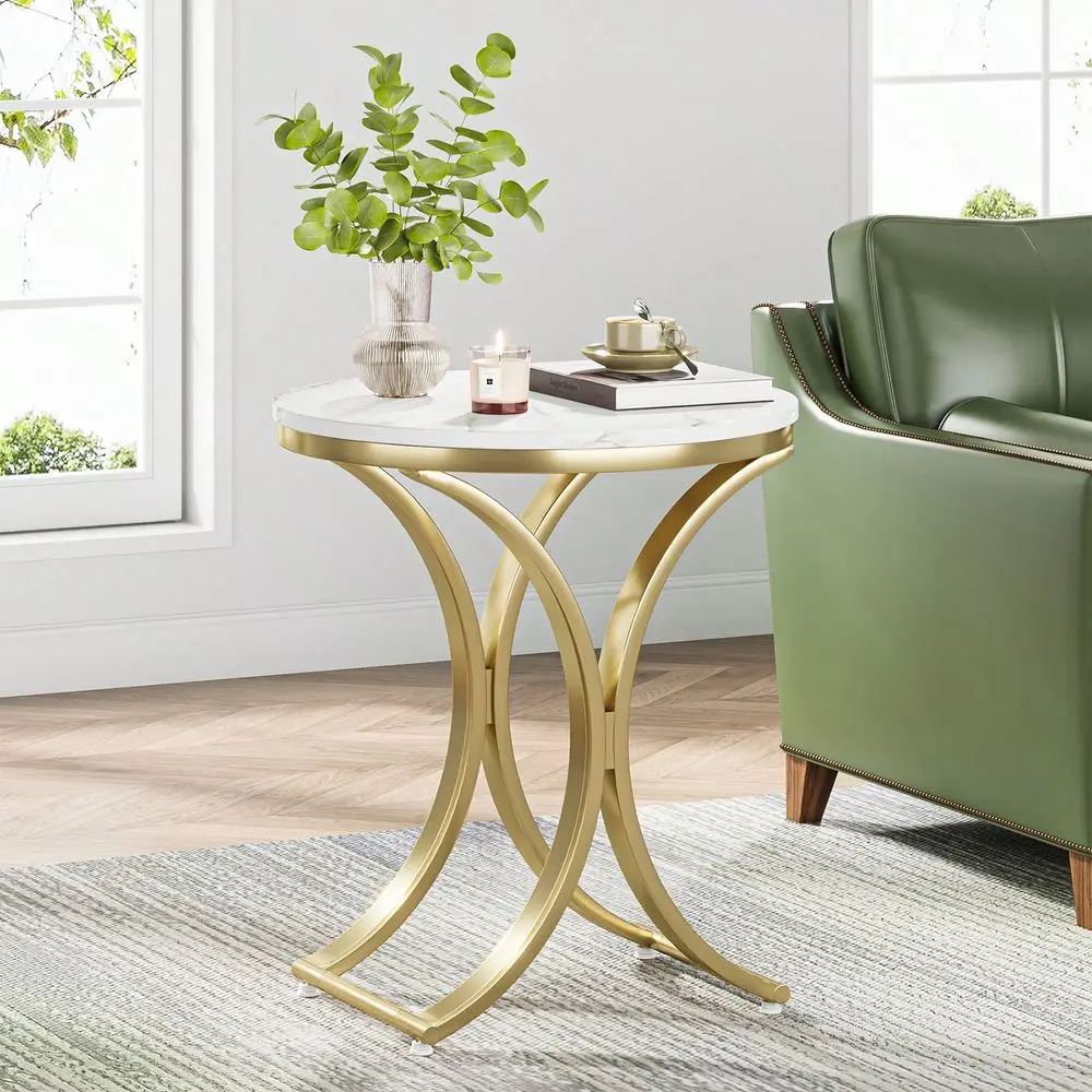 

Small C End Table Vintage Round Coffee Table Accent Table Bedside Round Nightstand with Metal Frame