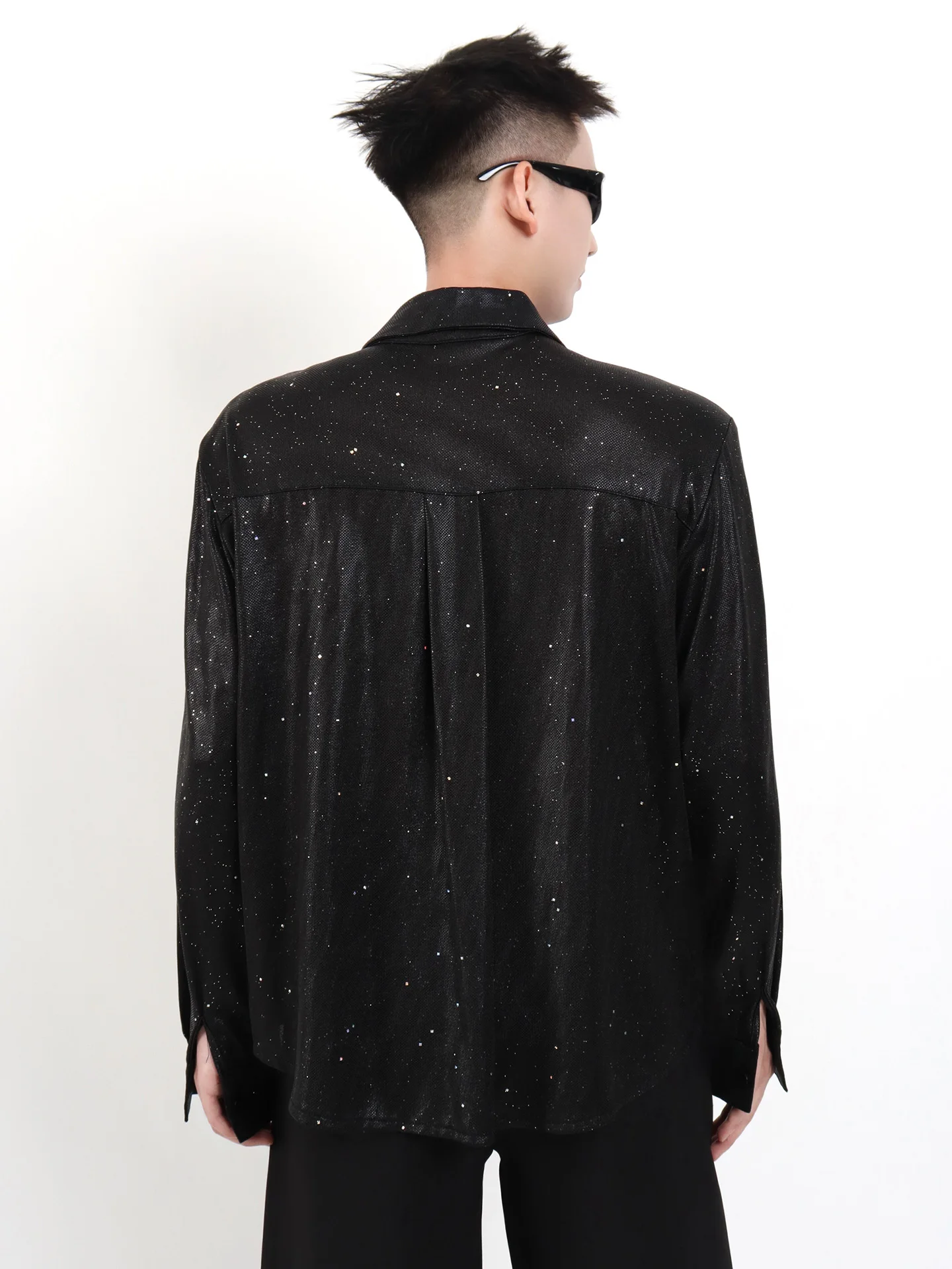 Fashion Blingbling Sequined Long-sleeve Shirts Men's 2025 Autumn New Starry Sky Handsome Shoulder Padded Tops Trendy Male Shirts