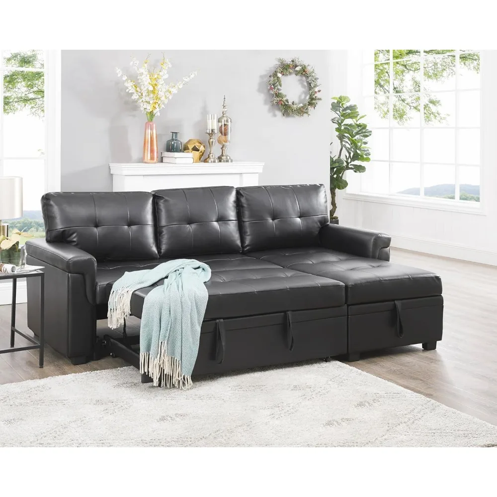 L-shaped sectionable sofa, sleeper chaise longue with storage, tufted pull-out sofa bed with reversibility and storage