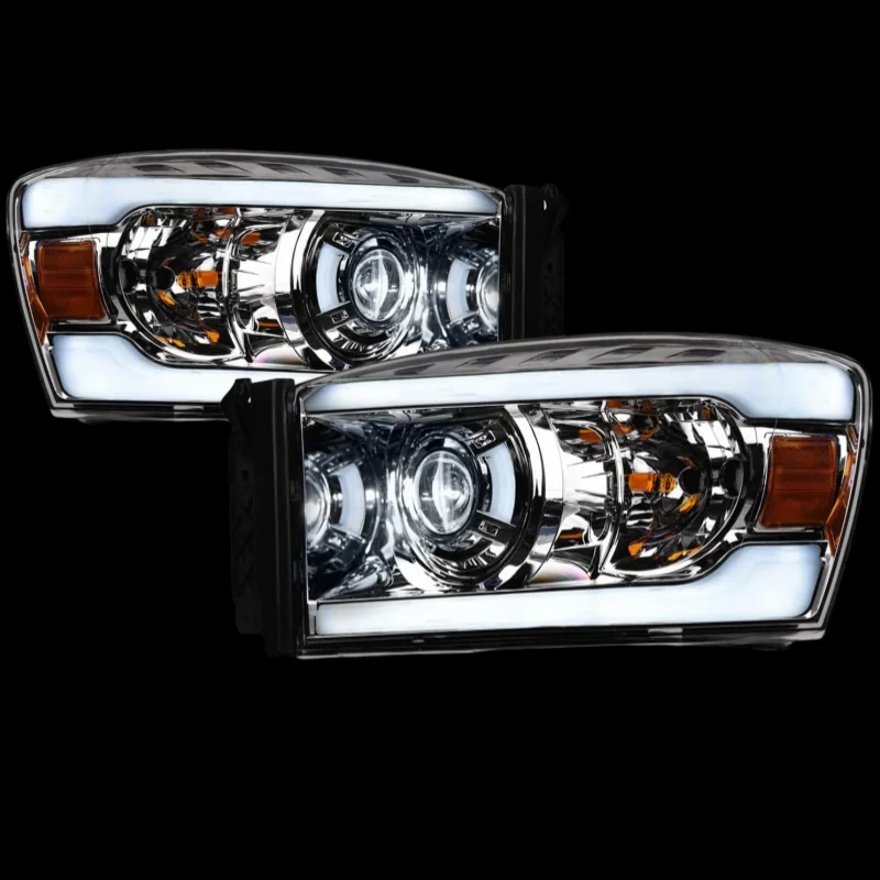 Full LED Projector Headlights With White LED Light Bar - Chrome Amber Fits 2006-2008 Dodge Ram 1500/2006-2009 2500 3500