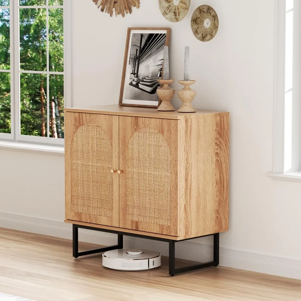 

Storage Cabinet with 2 Arched Rattan Doors, Natural Style Rattan Sideboard Buffet Cabinet with Storage,