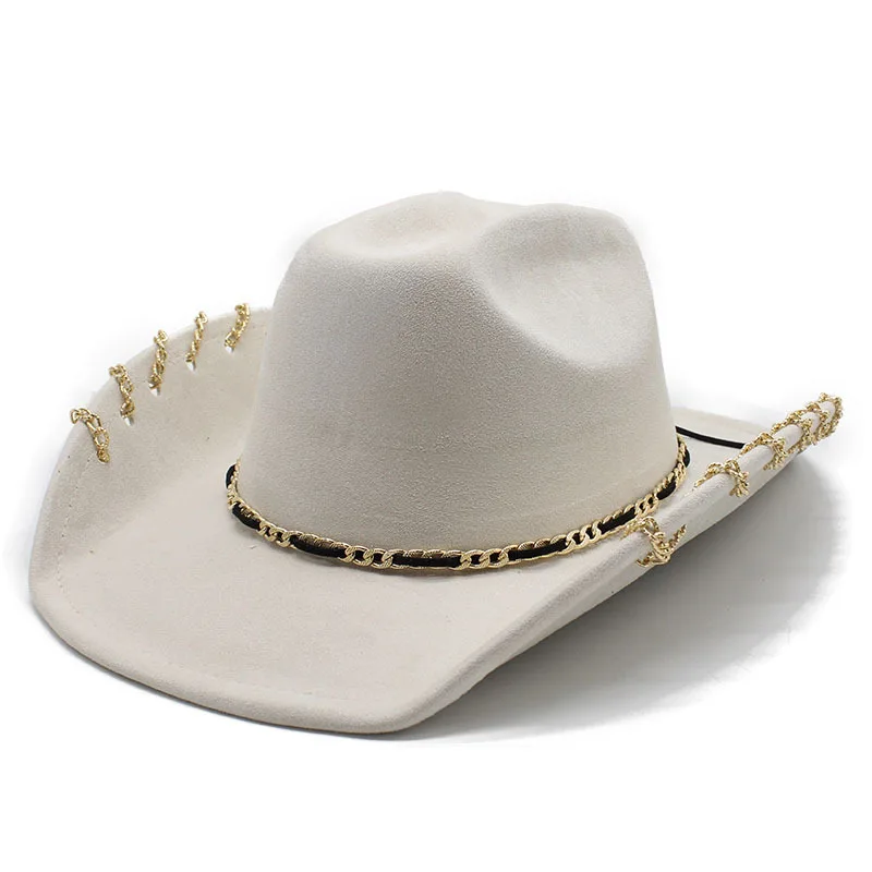 Trendiger Western-Cowboyhut für Männer und Frauen mit Metallkette, breiter Krempe, Wildleder-Visier, modische Jazz-Kappe – Detail 9