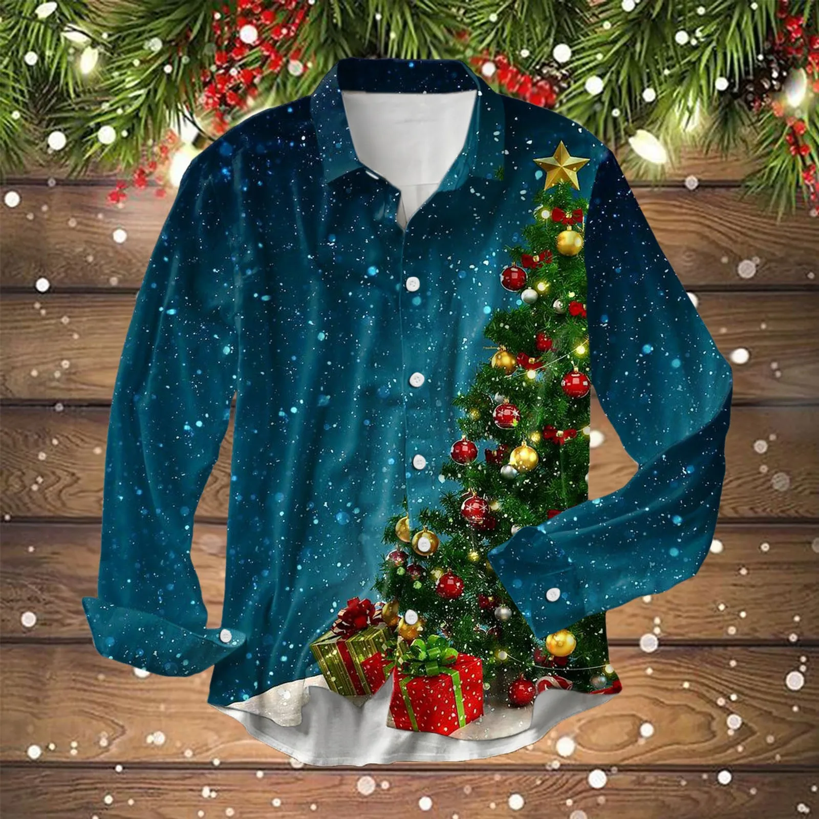 Camisa de Navidad para Hombre, blusa de fiesta de año nuevo, jerséis con estampado de árbol de Navidad, color rojo y dorado, con botones