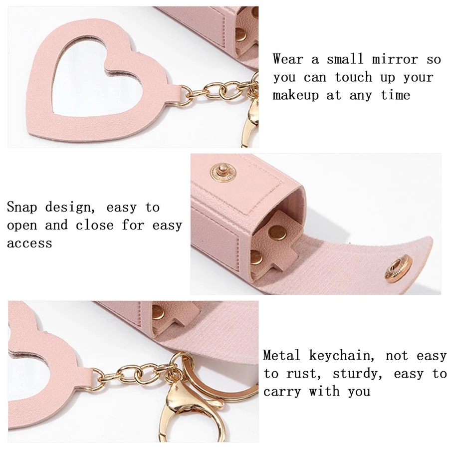 حقيبة أحمر شفاه جلدية محمولة، حقيبة مكياج مع سلسلة مفاتيح مرآة، منظم حماية لبلسم الشفاه لمستحضرات التجميل #6