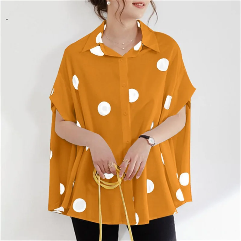 

Spring new large size casual ladies' shirts fashion quality lapel stitching printed bat sleeve loose shirt