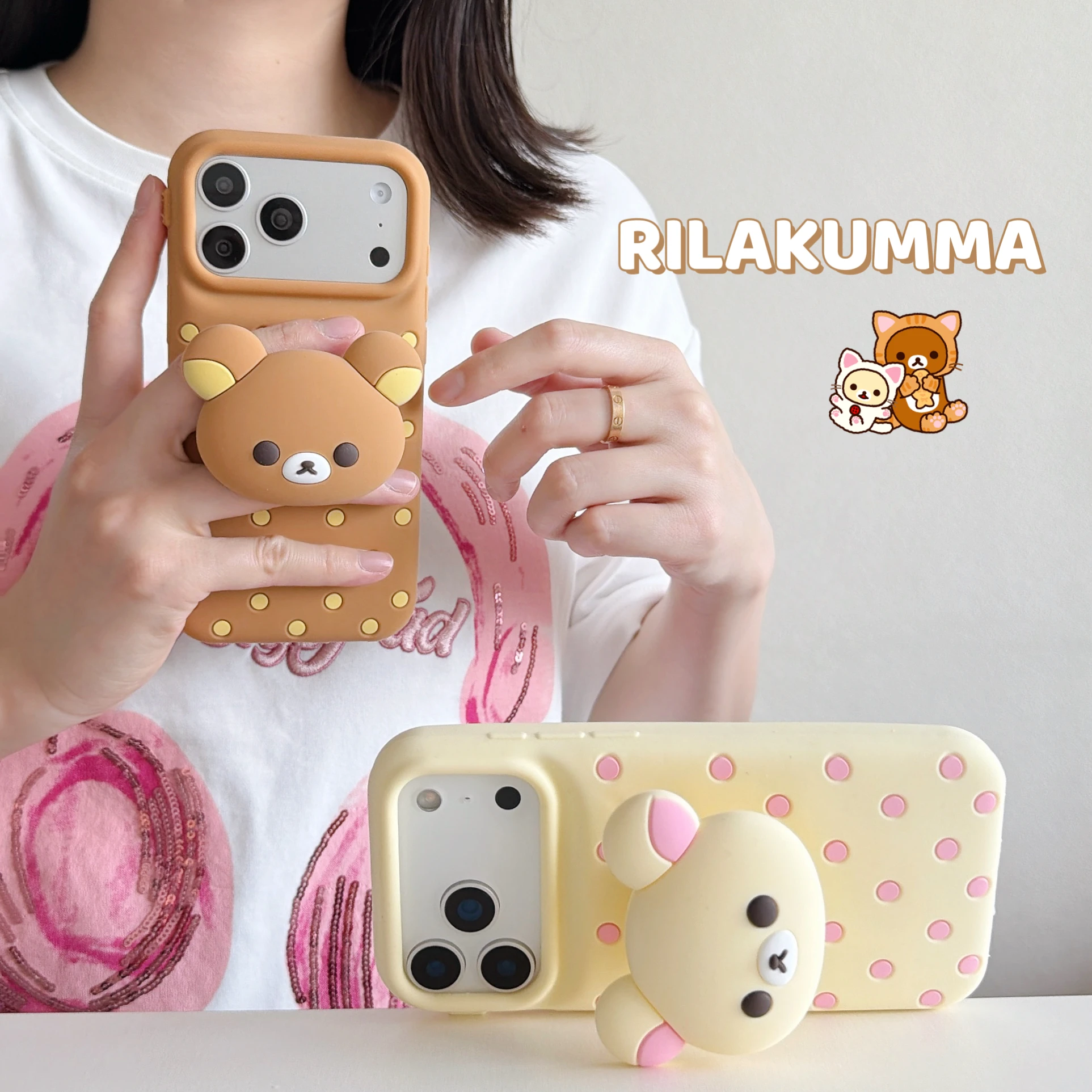 Kawaii Rilakkuma Silikon-Handyhülle für iPhone 12 13 14 15 16 17 Pro Max Plus 17 Pro 16e 17e mit Trageriemen und Ständer, INS Rückseiten-Cover