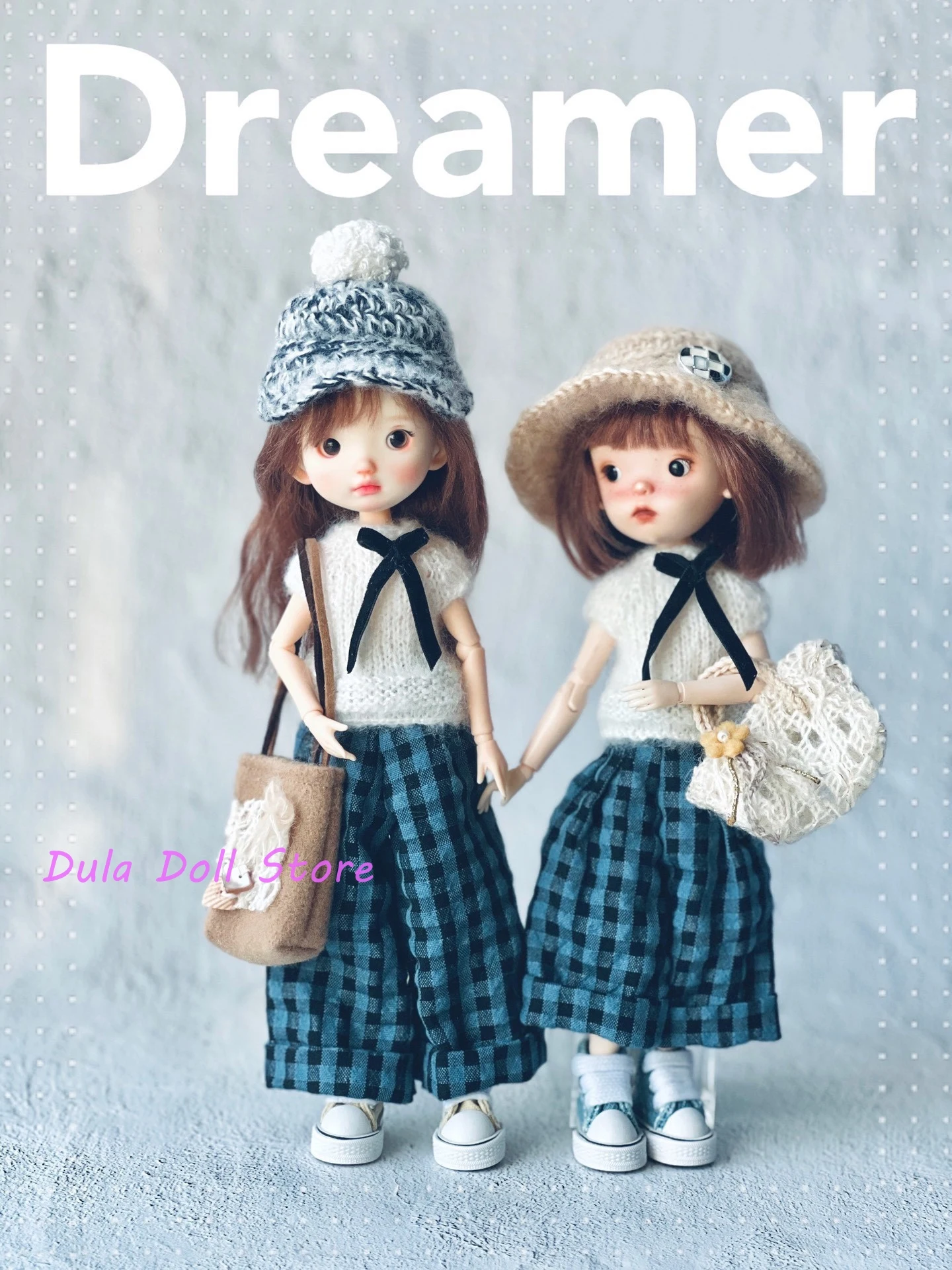 Dula 人形服ブルーチェック柄ワイドレッグパンツとニット帽子セットブライス ob24 ob22 ICY JerryB 1/6 人形アクセサリー用