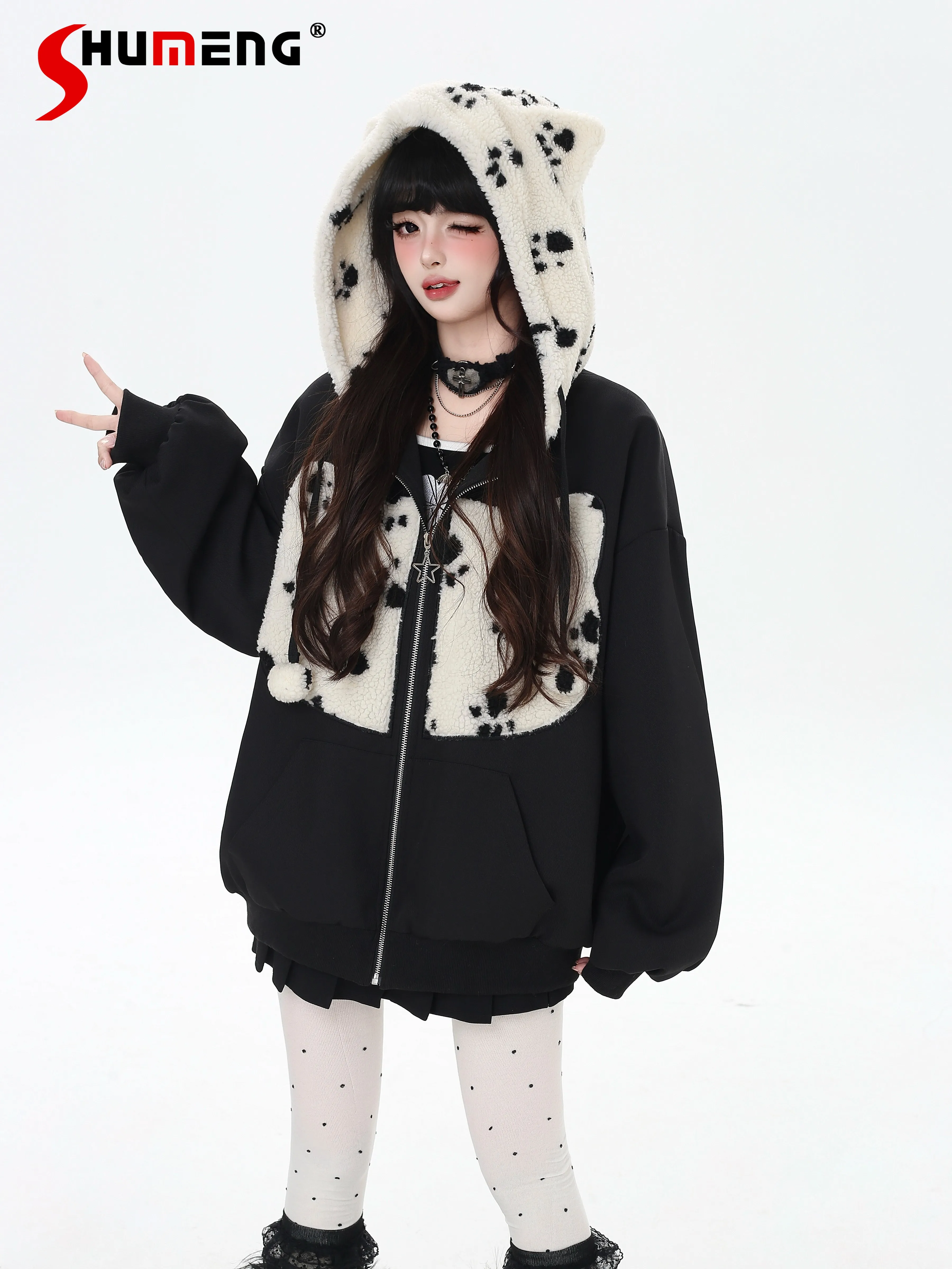 

Original Streetwear Sweet Cool Girl Y2K Fleeced Hoodies Zipper Loose Versatile Thickened Warm Sweatshirt Jacket for Women Winter