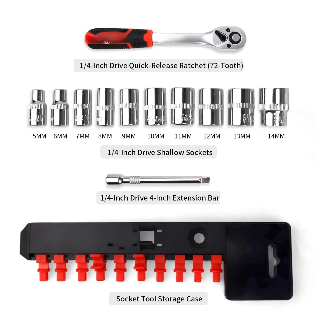 12PCS 1 4 Inch Drive Socket Wrench Set 72 Tooth Quick Release Ratchet Handle 10 Sockets Extension Bar 2 Way Reversible Tool Kit