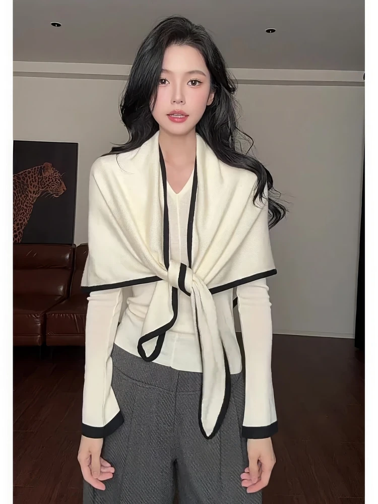 Triangle scarf shawl with women's 2025 new autumn slim-fitting and thin knitted sweater Korean stacked two-piece top