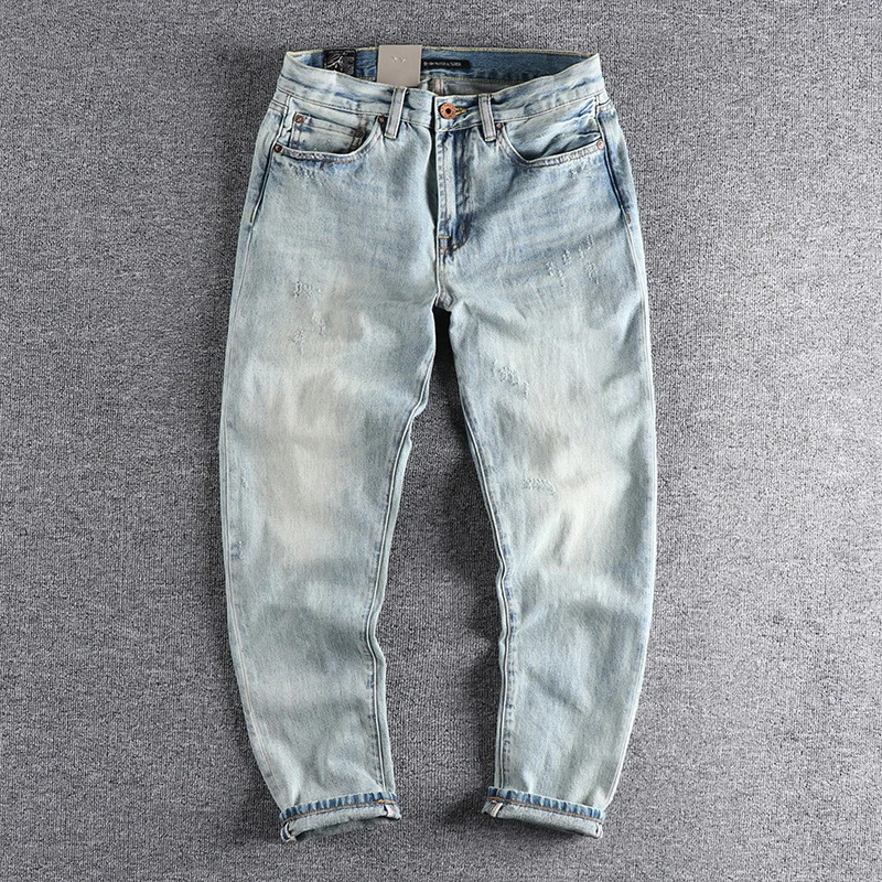 Heavy washing in autumn to make worn Bai Qian blue jeans men slim small straight joker youth casual pants tide