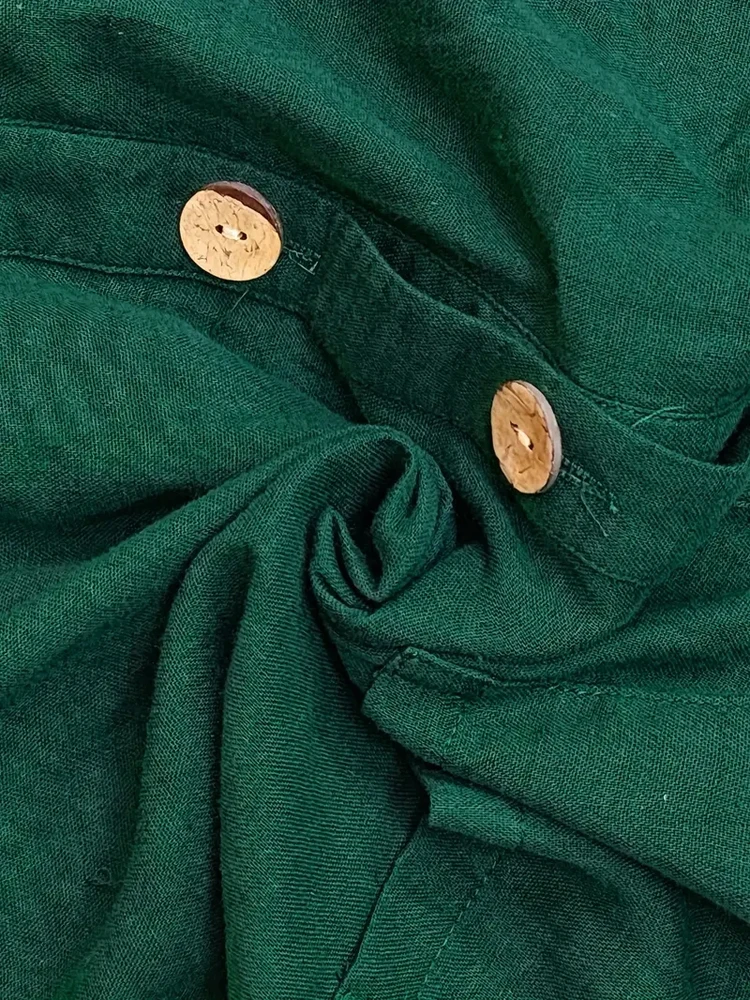 Plus Size Green Linen Blouse for Curvy Women. V-neck half sleeve button shirt with multi pockets. Oversized loose fit perfectly view 5