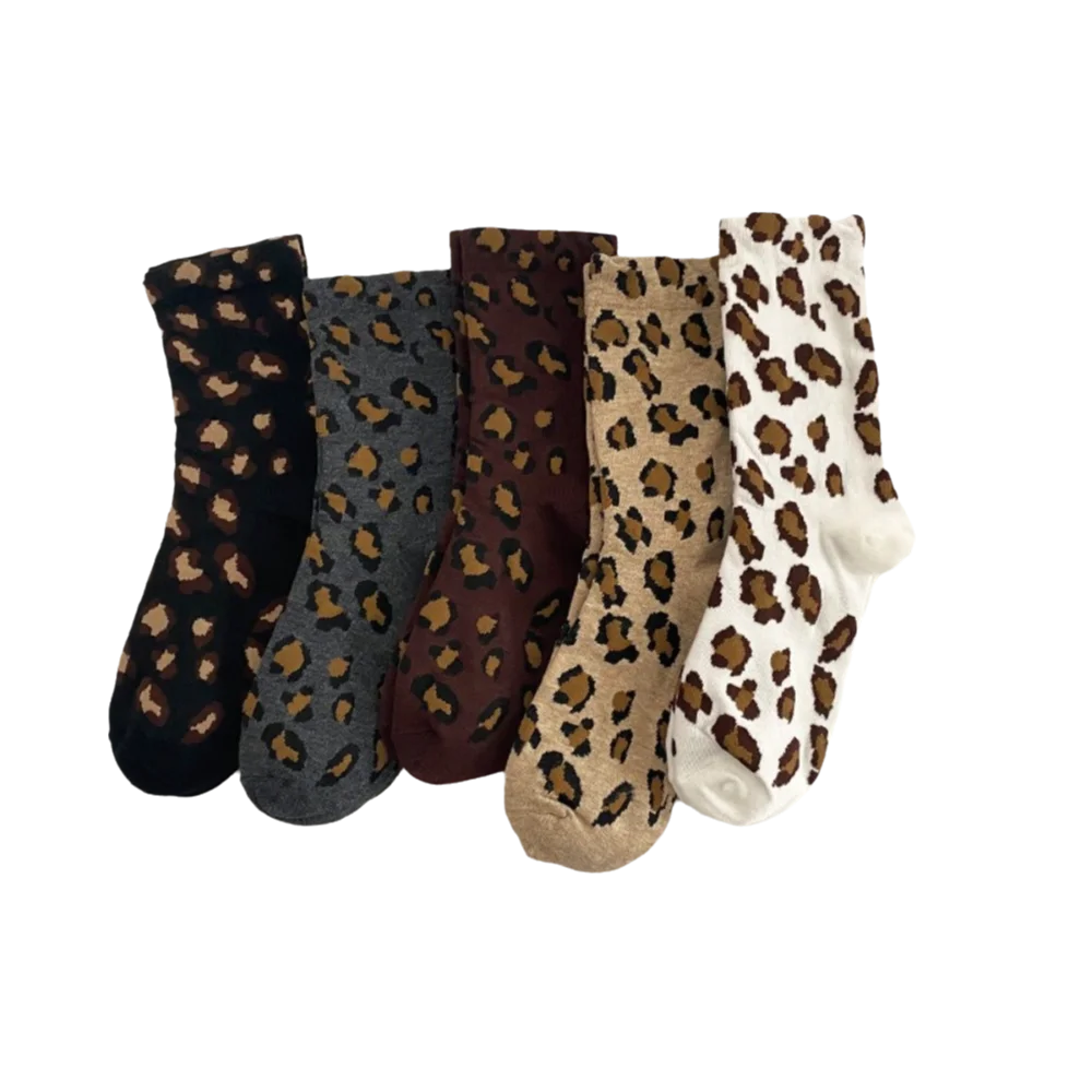 

5 Pairs Trend Comfortable Leopard Pattern Socks Breathable Sweat Absorption Mid Tube Socks Long Socks Autumn Winter