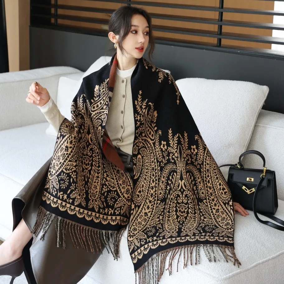 

Зимний новый винтажный кашемировый женский шарф 2025 года, двусторонний жаккардовый шарф из кешью, утолщенный и теплый, можно использовать как накладная шаль