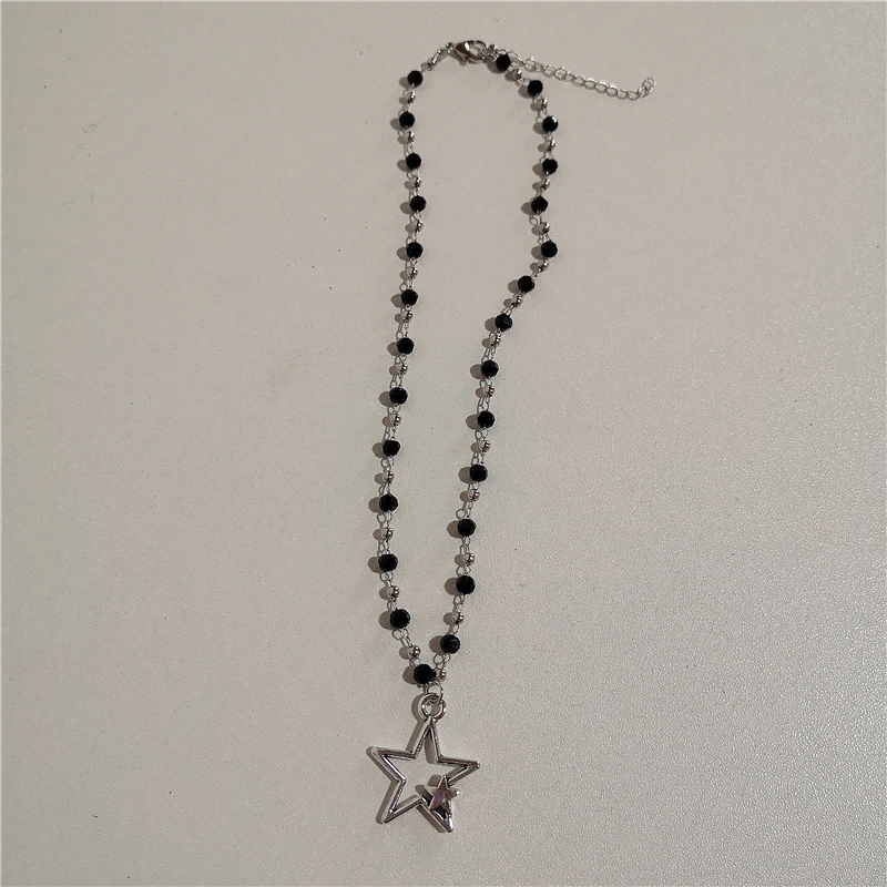 Trendy Vintage Punk Silver Color Star Pendant Bead Necklace for Men Women Street Hip Hop Aesthetic Grunge Jewelry Y2K Accessorie