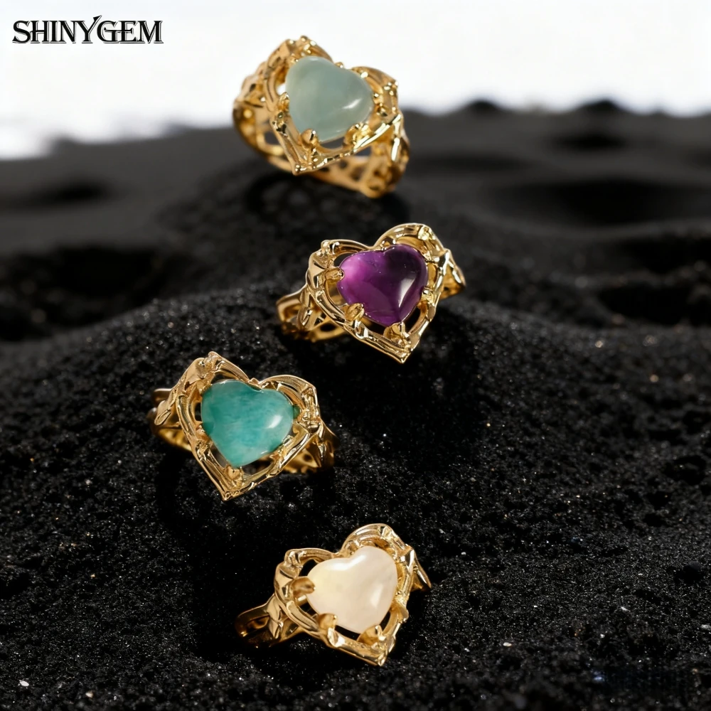 

SHINYGEM Women 18K Gold Plated Heart Gemstone Ring Aquamarine Labradorite Crystal Rose Quartz Floral Valentine Adjustable Ring