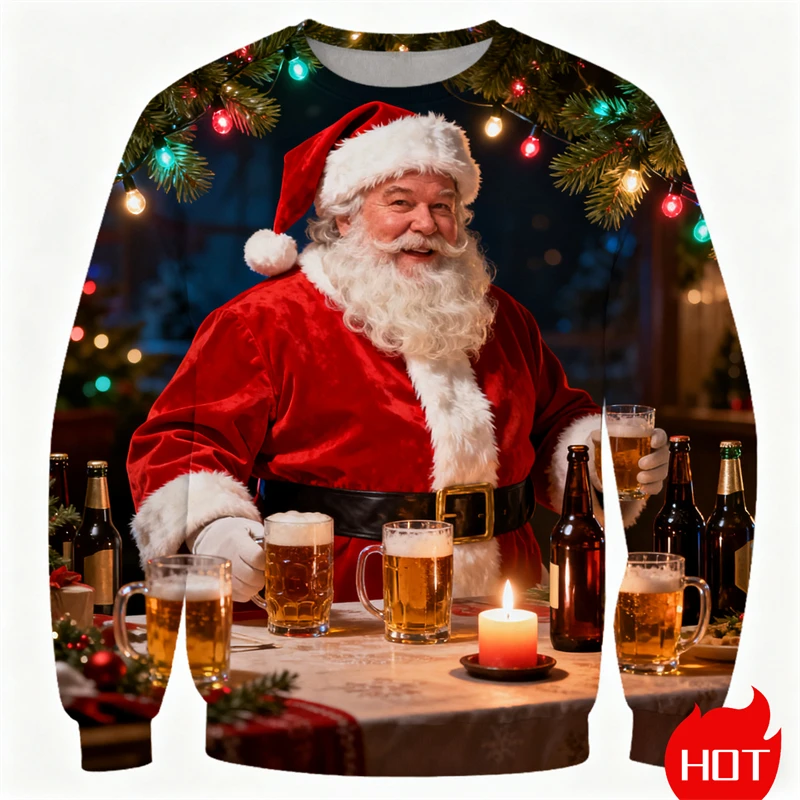 

New Santa Claus And Beer Pattern O-neck Sweatshirt Autumn Winter Thin Casual Hoody Family Party Top Christmas Hoodie Men Clothes